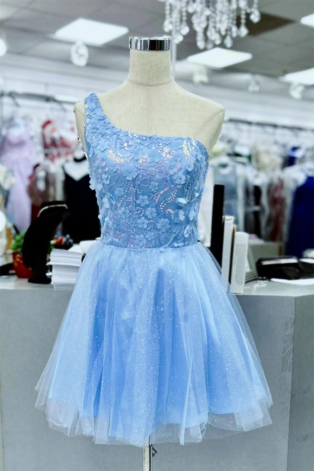 One Shoulder Blue Beaded Short Homecoming Dress