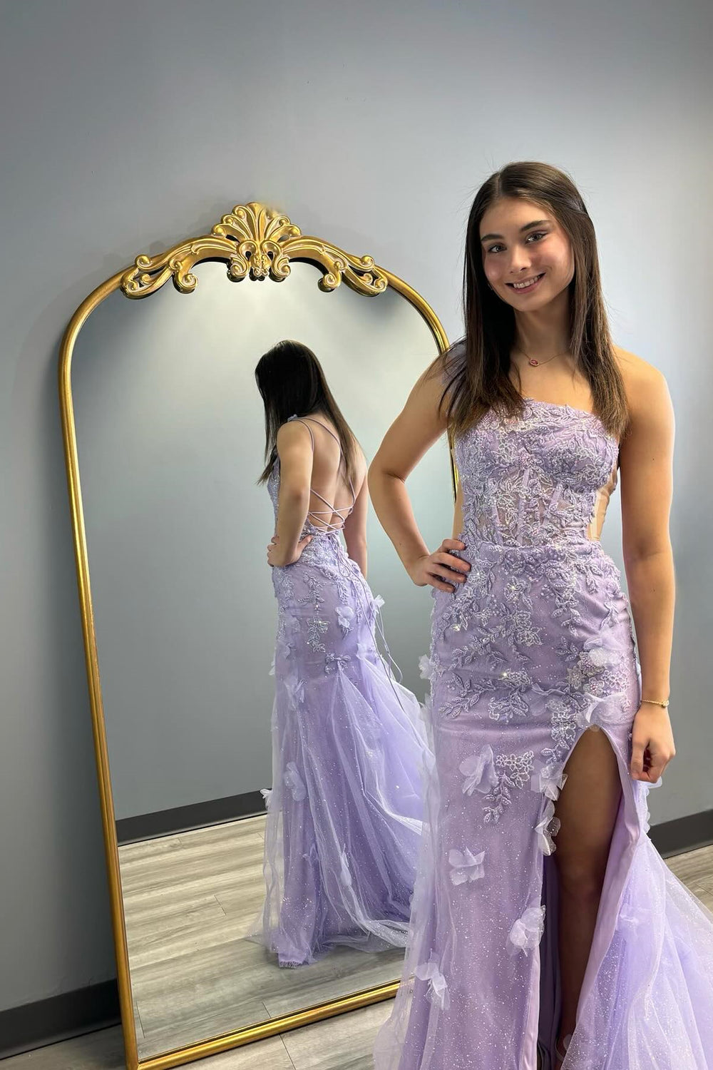 One Shoulder Lavender Appliques Long Party Dress