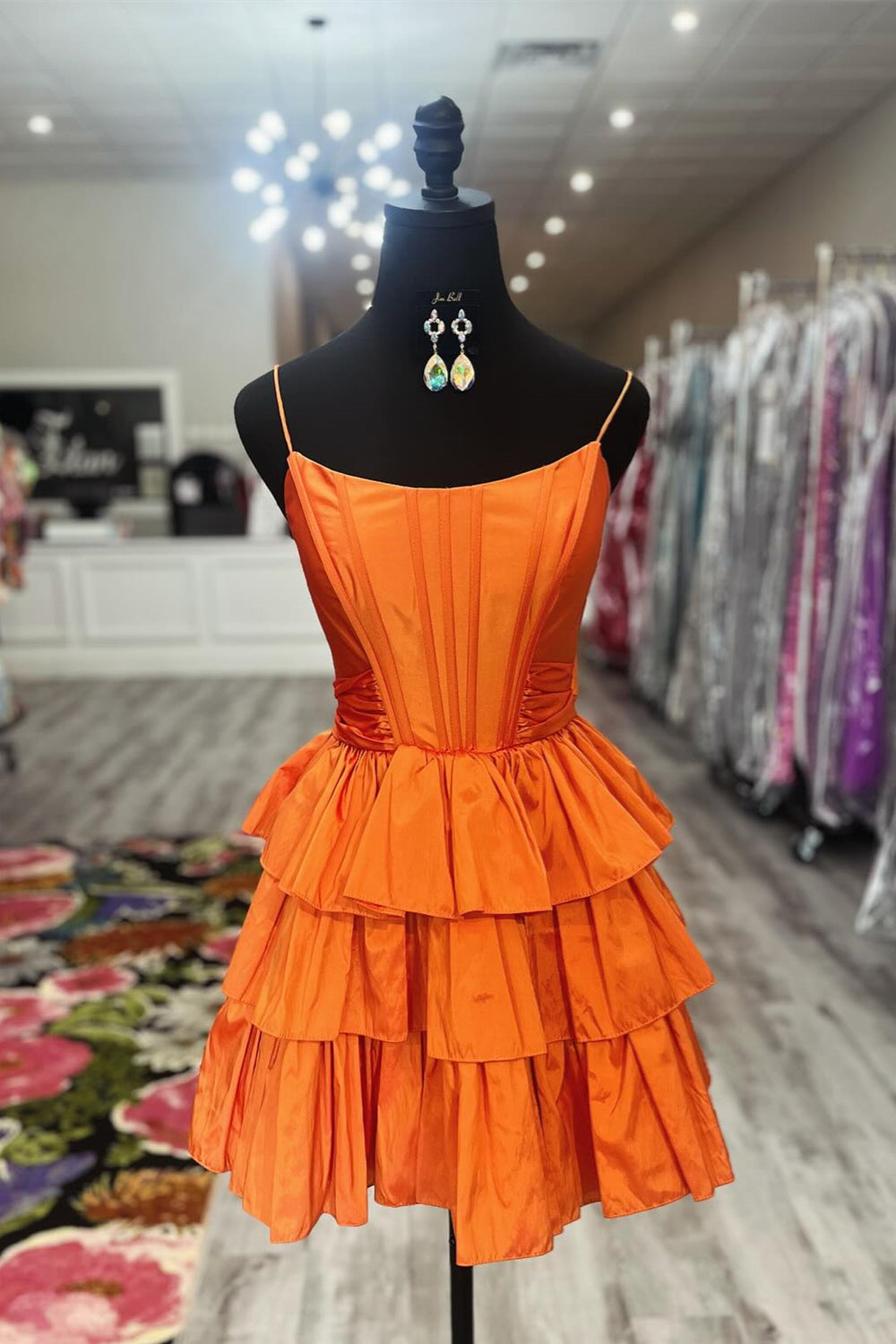 Orange Back Bow Tiered Short Taffeta Dress