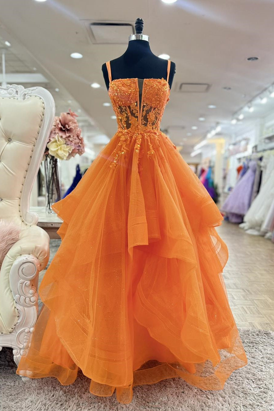 Orange Appliques Tulle Tiered Long Formal Dress