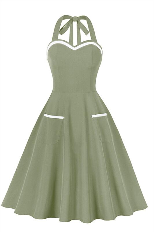 
                      
                        Pea Green 1950s Halter Swing Dress with Pockets
                      
                    