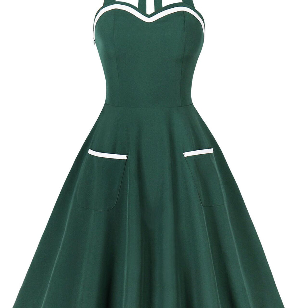 
                      
                        Pea Green 1950s Halter Swing Dress with Pockets
                      
                    