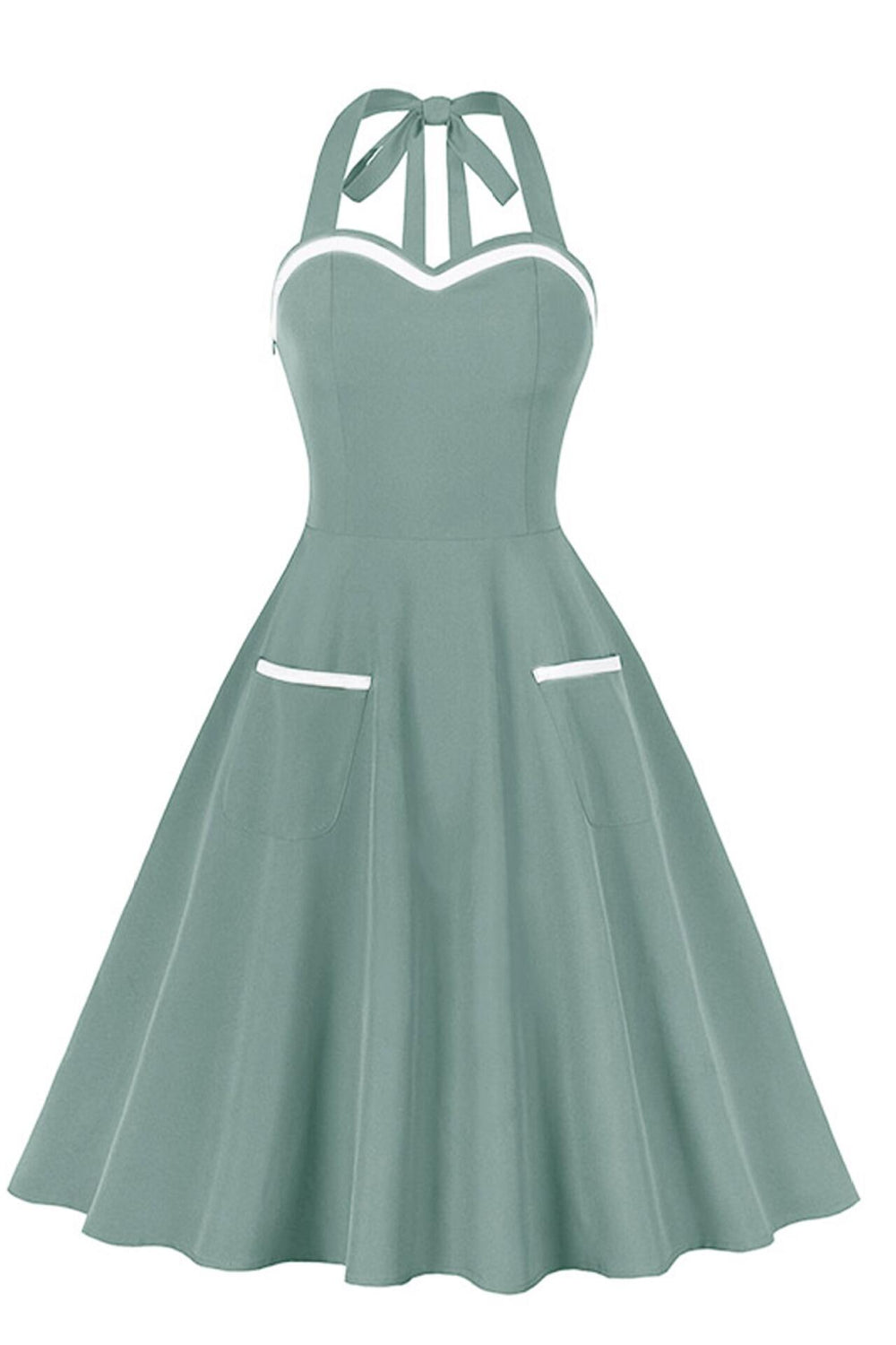 Pea Green 1950s Halter Swing Dress with Pockets