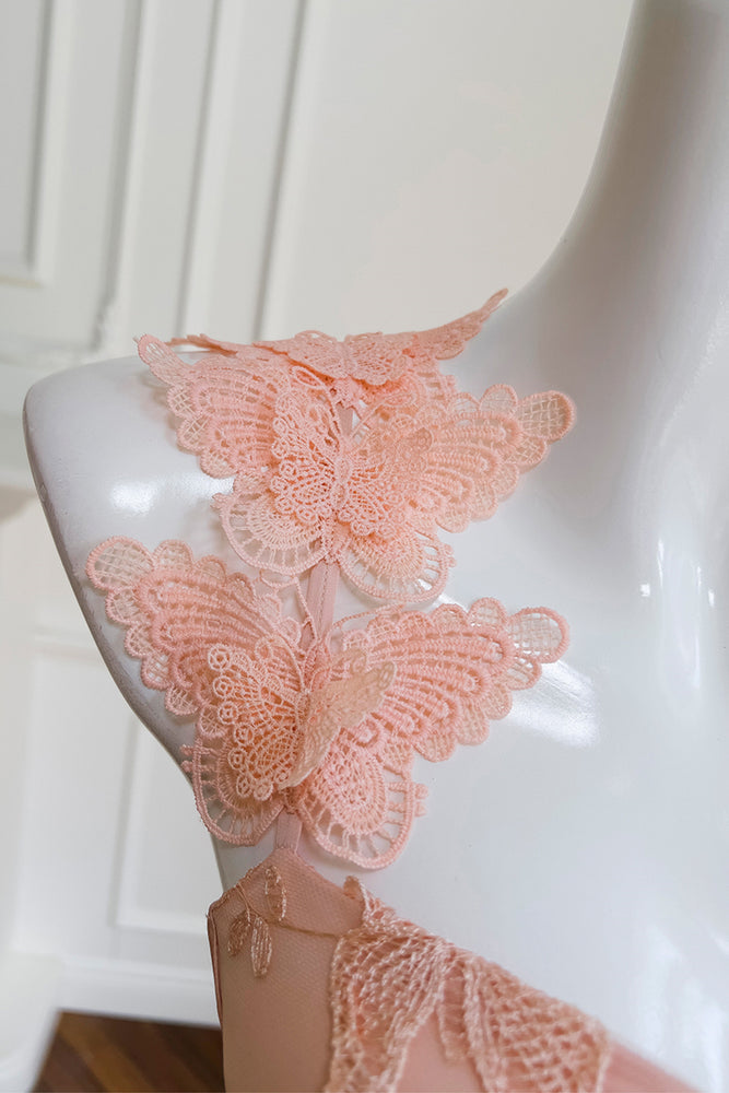 
                      
                        Peach 3D Butterfly Appliques A-line Long Dress
                      
                    