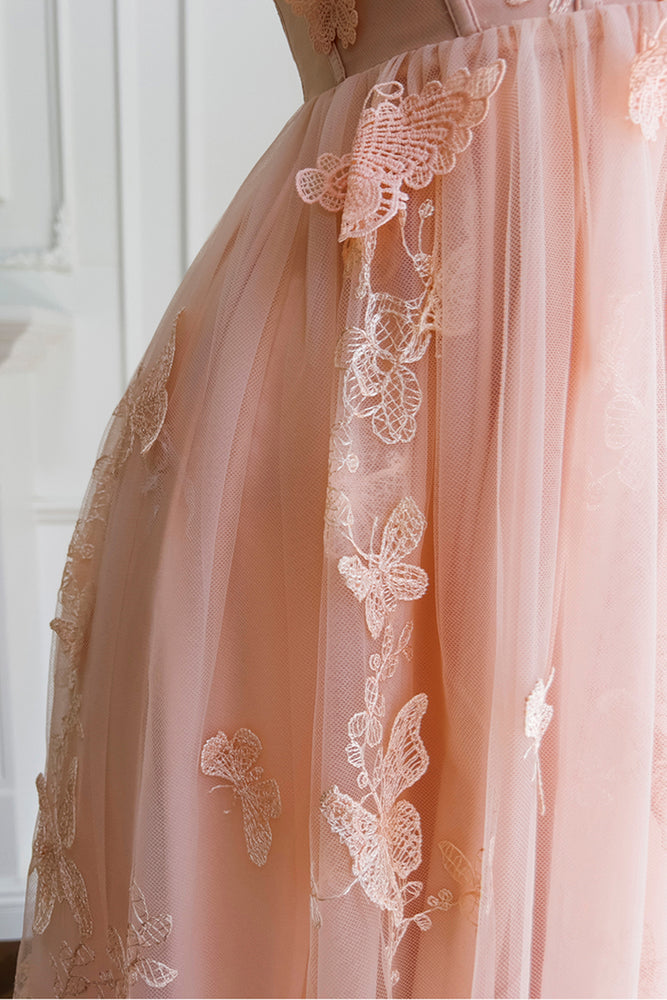 
                      
                        Peach 3D Butterfly Appliques A-line Long Dress
                      
                    