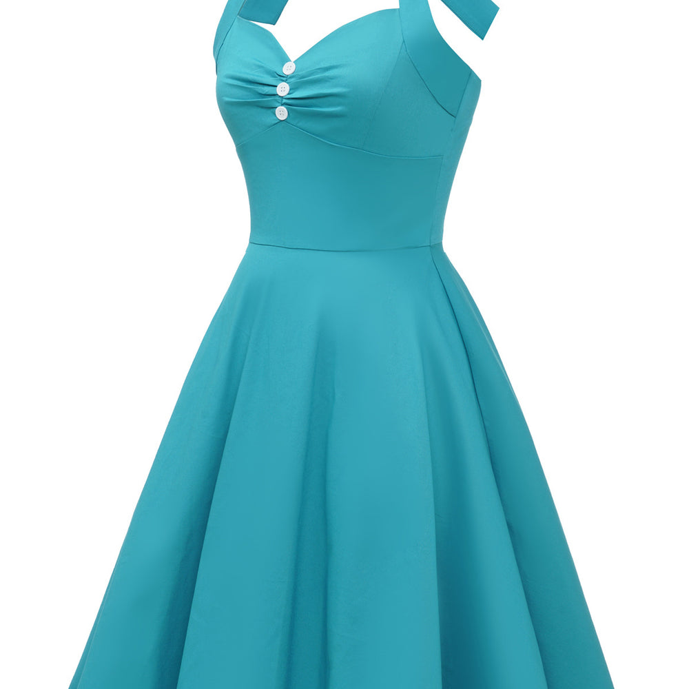 
                      
                        Peacock Blue 1950s Ruched Halter Swing Dress
                      
                    