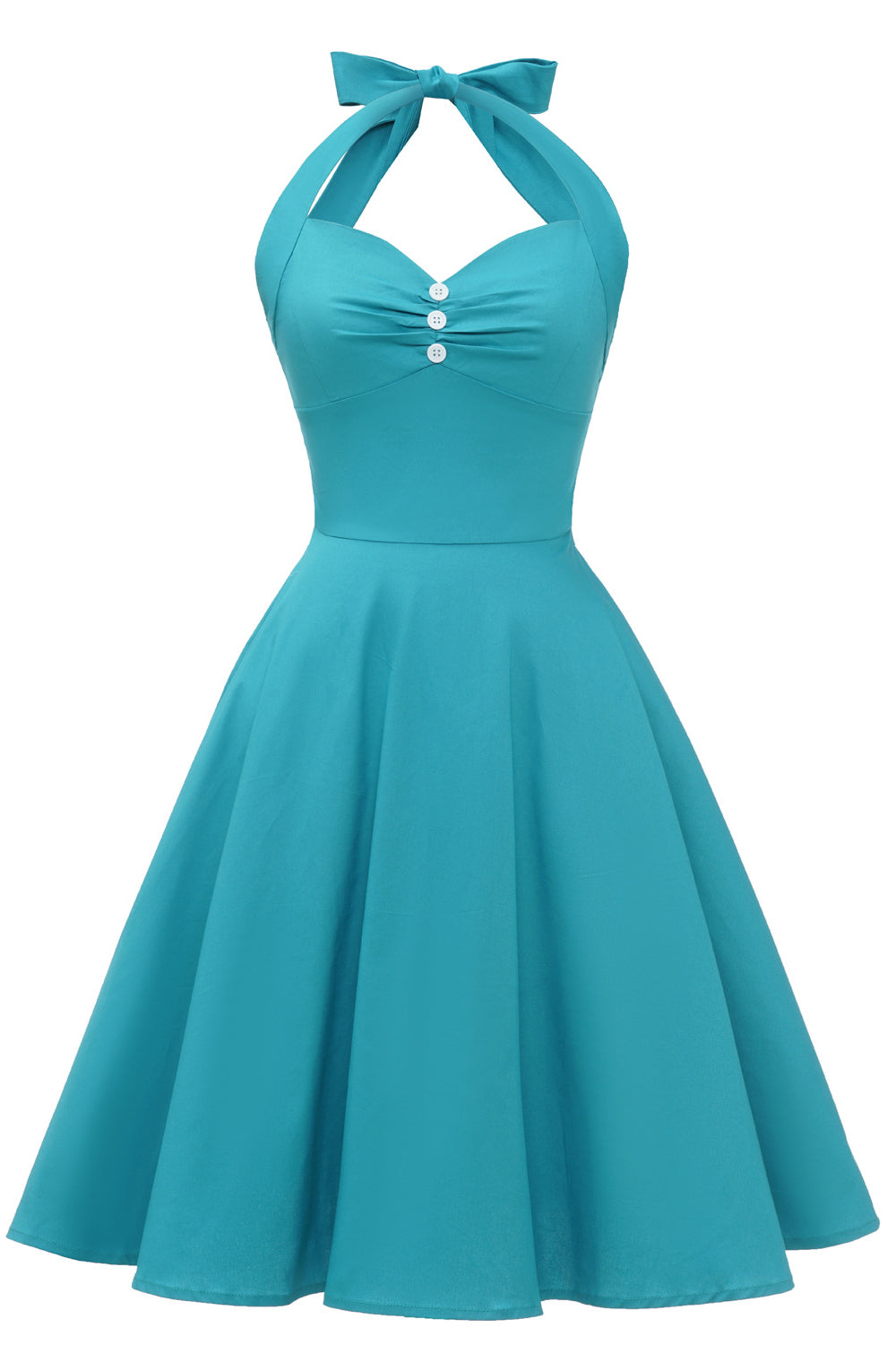 Peacock Blue 1950s Ruched Halter Swing Dress