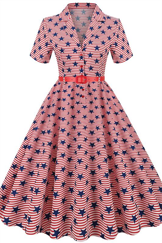 Pink 1950s American Flag Print Belted Vintage Dress