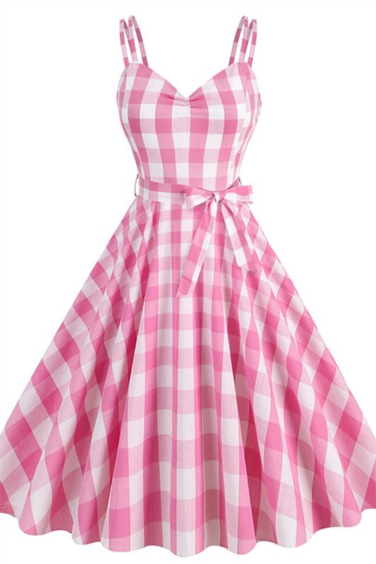 Pink 1950s Double Starps Plaid Swing Dress