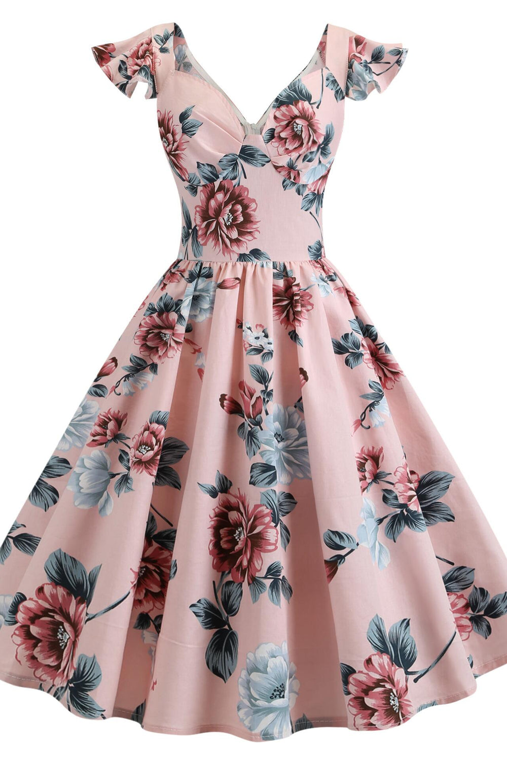 Pink 1950s Floral Print Ruffle Sleeve Swing Dress