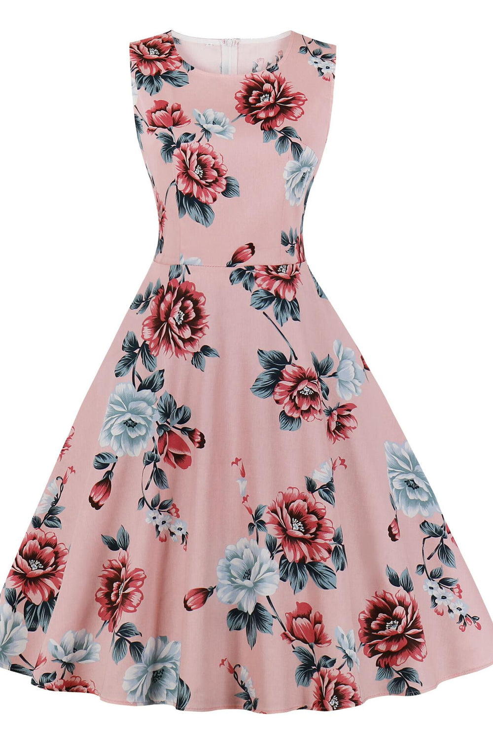 Pink 1950s Floral Print Sleeveless Swing Dress