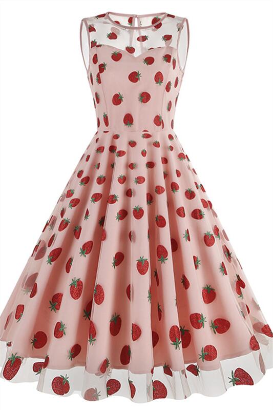 Pink 1950s Heart Mesh Round Neck Vintage Dress