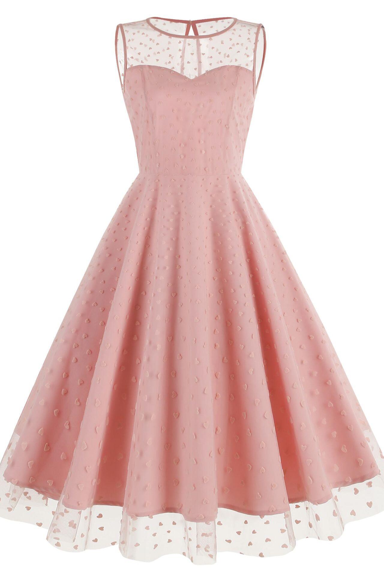 Pink 1950s Heart Mesh Round Neck Vintage Dress