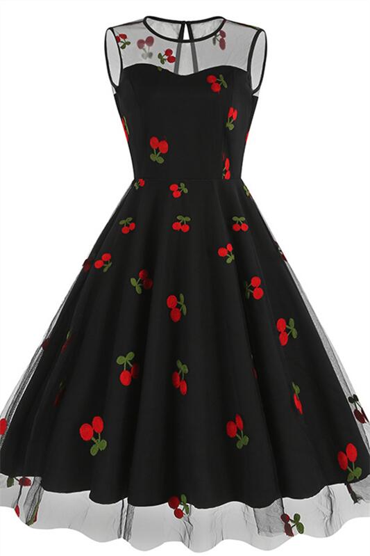Pink 1950s Heart Mesh Round Neck Vintage Dress