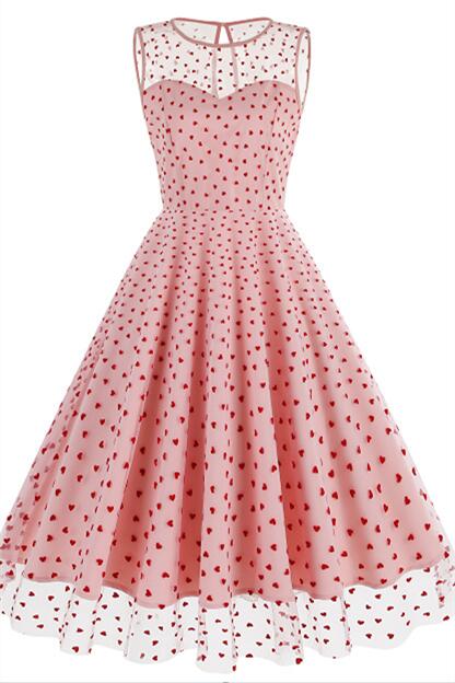 Pink 1950s Heart Mesh Round Neck Vintage Dress