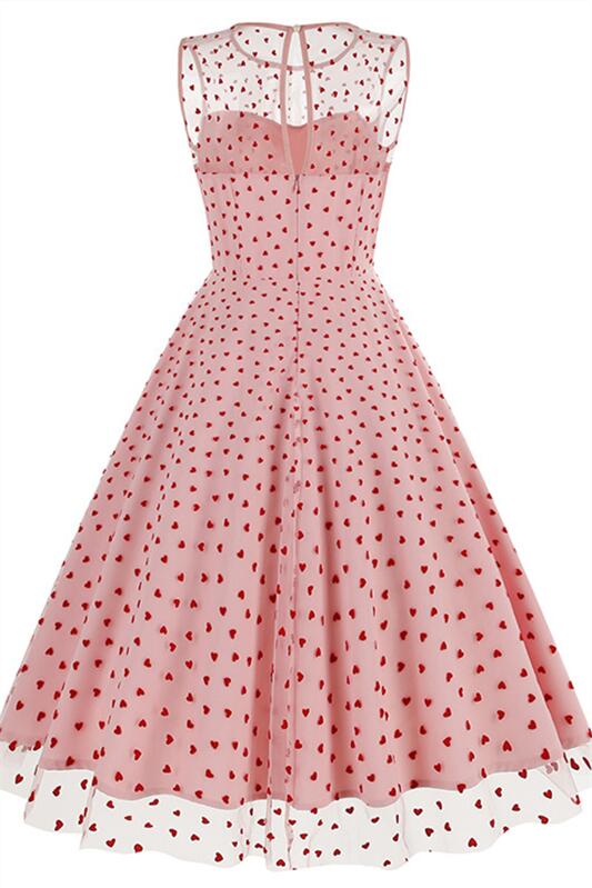 Pink 1950s Heart Mesh Round Neck Vintage Dress