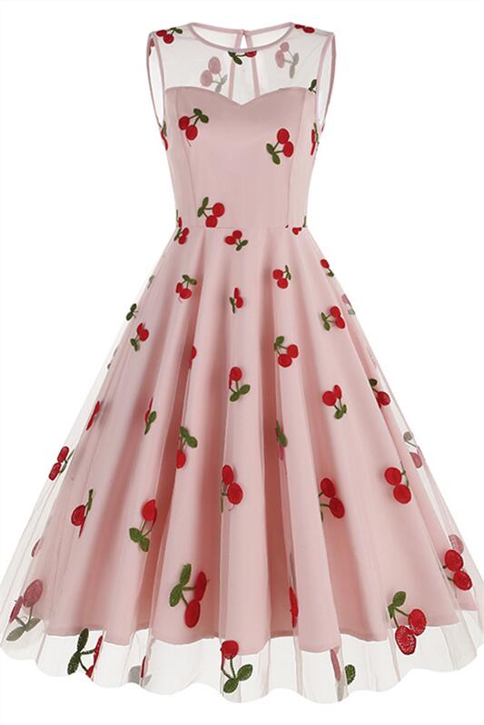 Pink 1950s Heart Mesh Round Neck Vintage Dress