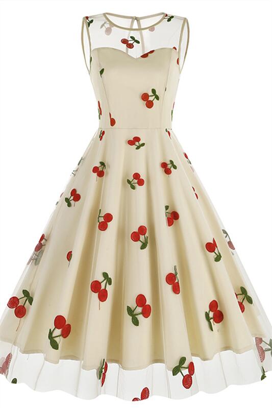 Pink 1950s Heart Mesh Round Neck Vintage Dress