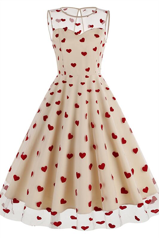 Pink 1950s Heart Mesh Round Neck Vintage Dress