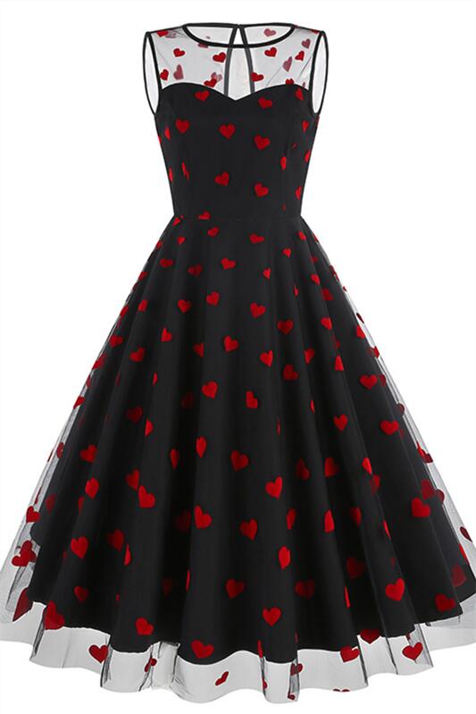 Pink 1950s Heart Mesh Round Neck Vintage Dress