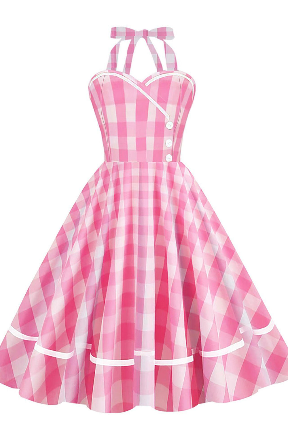 Pink 1950s Plaid Button Front Halter Vintage Dress