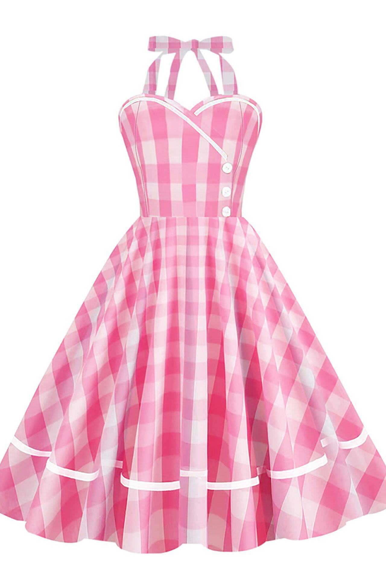 Pink 1950s Plaid Button Front Halter Vintage Dress