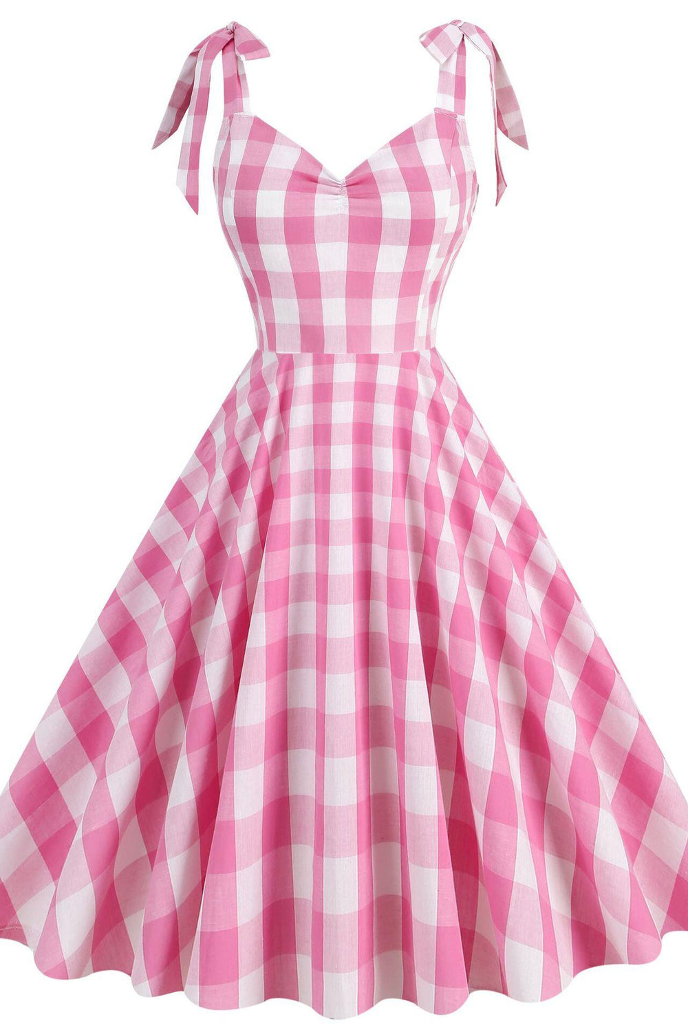 Pink 1950s Plaid Knot Strap Swing Dress