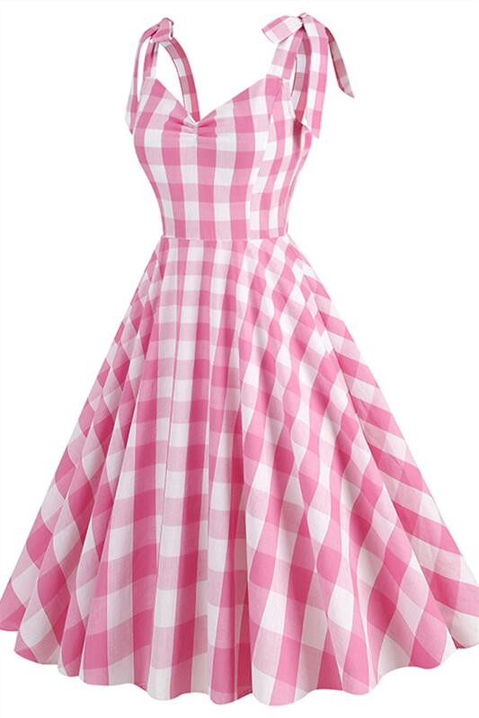 
                      
                        Pink 1950s Plaid Knot Strap Swing Dress
                      
                    