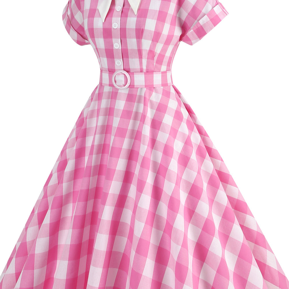 
                      
                        Pink 1950s Plaid Tie Neck Vintage Swing Dress
                      
                    