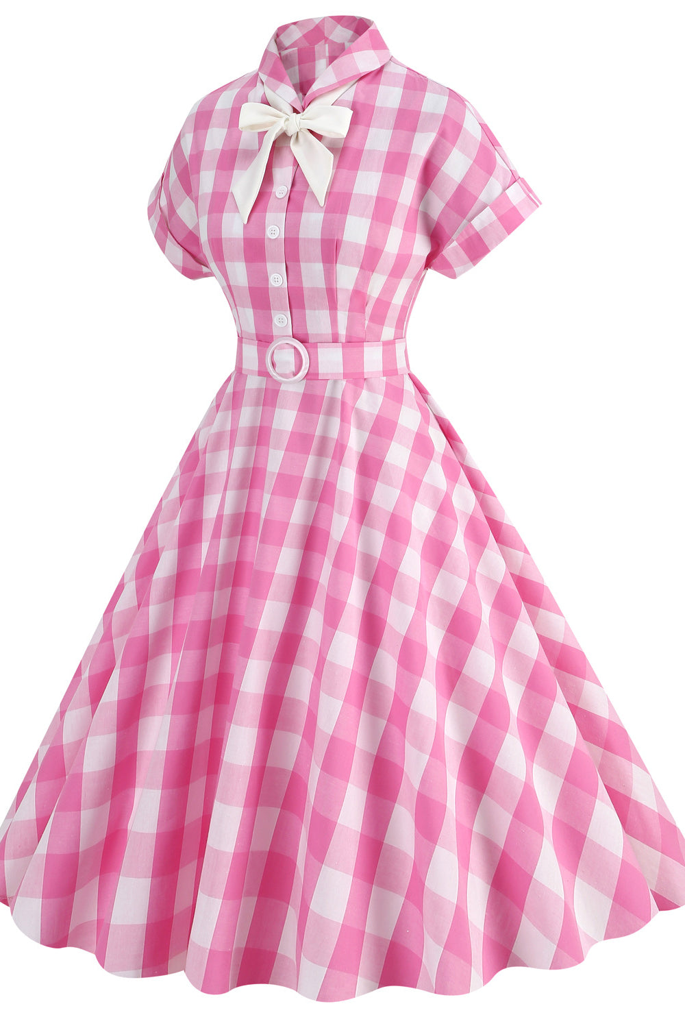 Pink 1950s Plaid Tie Neck Vintage Swing Dress