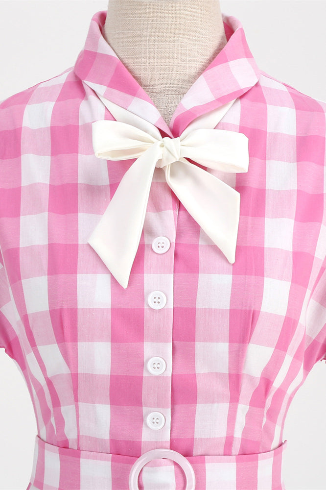 Pink 1950s Plaid Tie Neck Vintage Swing Dress