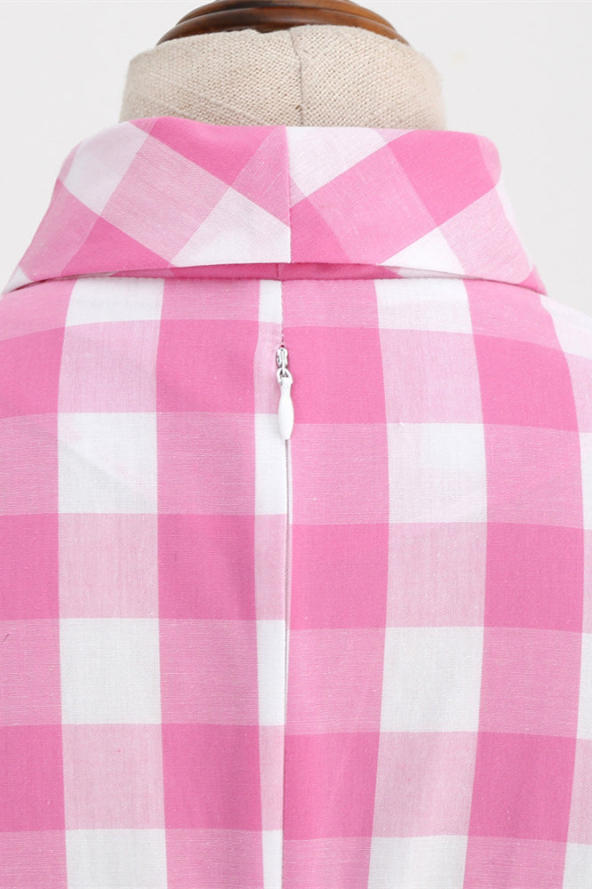 Pink 1950s Plaid Tie Neck Vintage Swing Dress