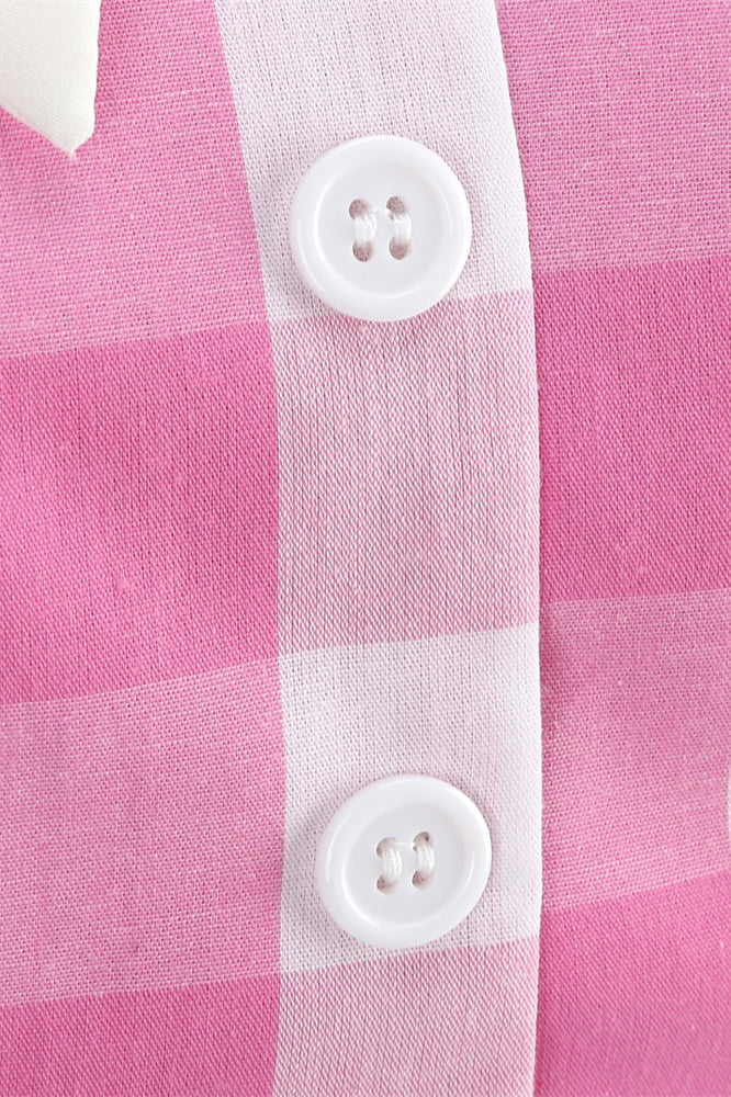 Pink 1950s Plaid Tie Neck Vintage Swing Dress