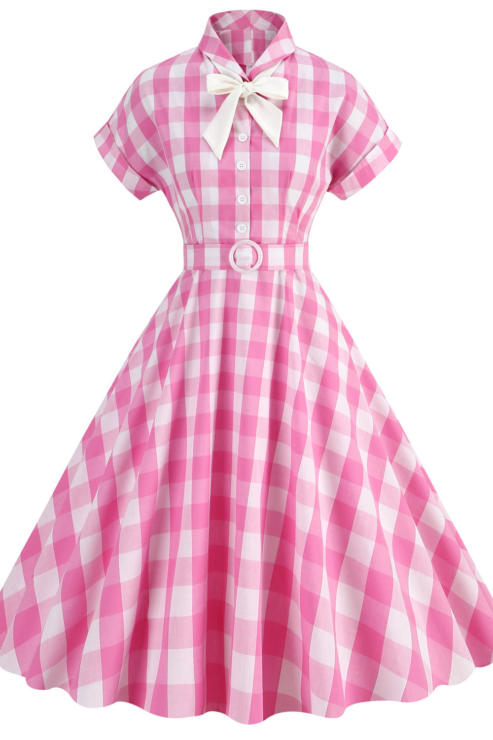 Pink 1950s Plaid Tie Neck Vintage Swing Dress