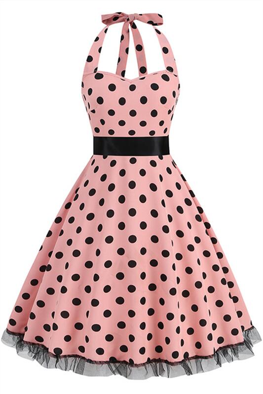 Pink 1950s Polka Dots Belted Halter Vintage Dress