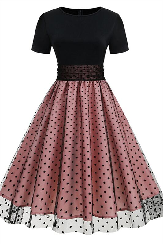 Pink 1950s Polka Dots Mesh Swing Dress