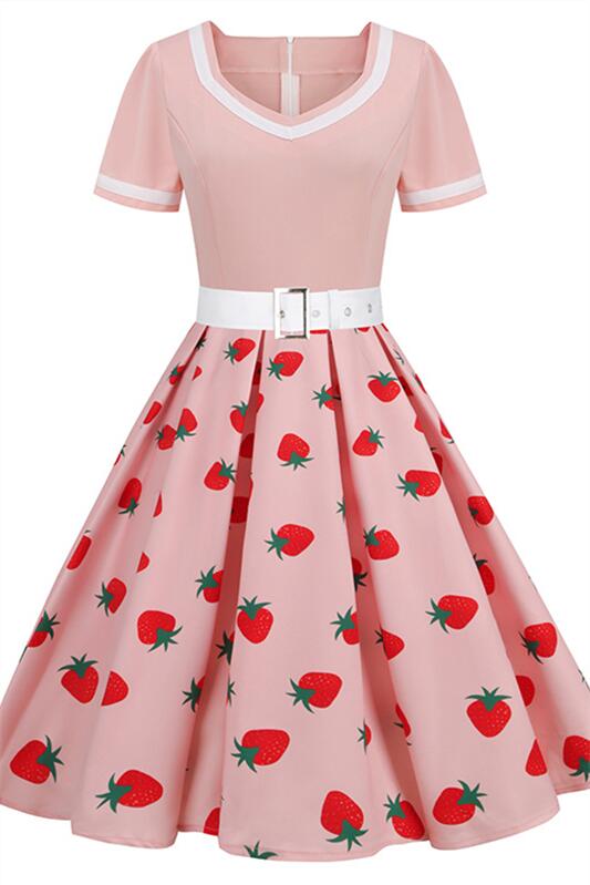 Pink 1950s Strawberry Print Belted Vintage Dress