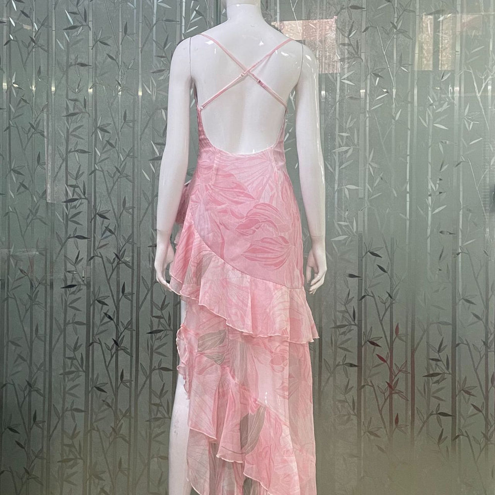 
                      
                        Pink Floral Print Ruffle Tiered Long Dress with Slit
                      
                    