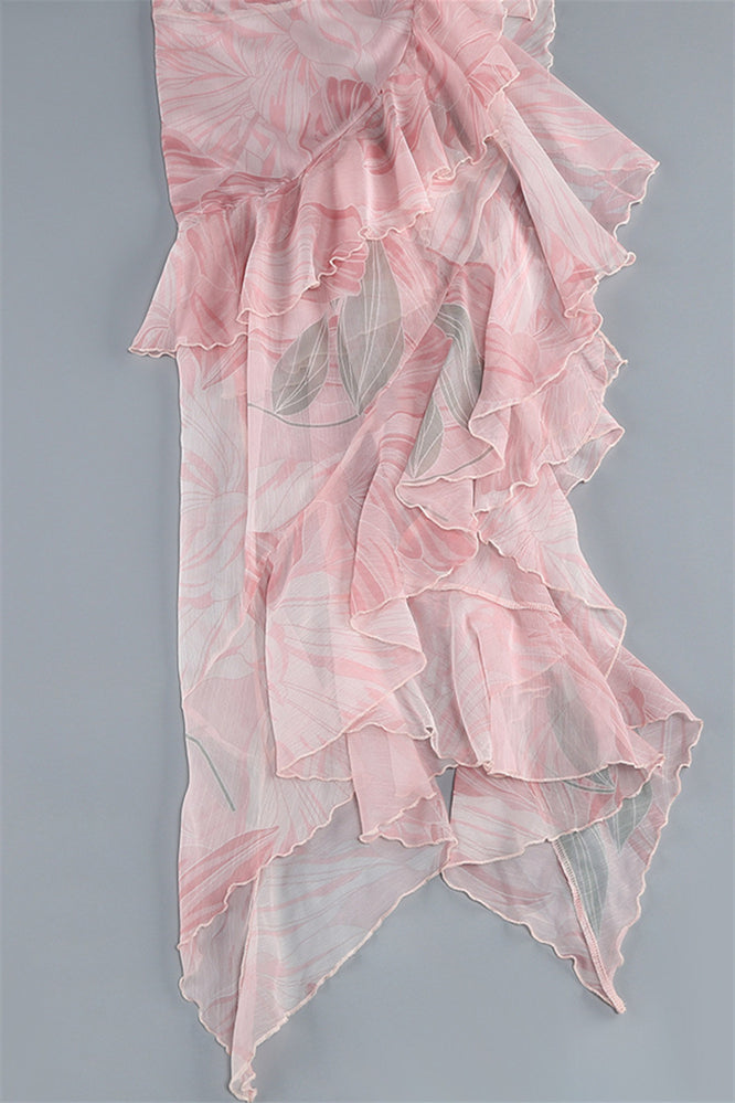 
                      
                        Pink Floral Print Ruffle Tiered Long Dress with Slit
                      
                    