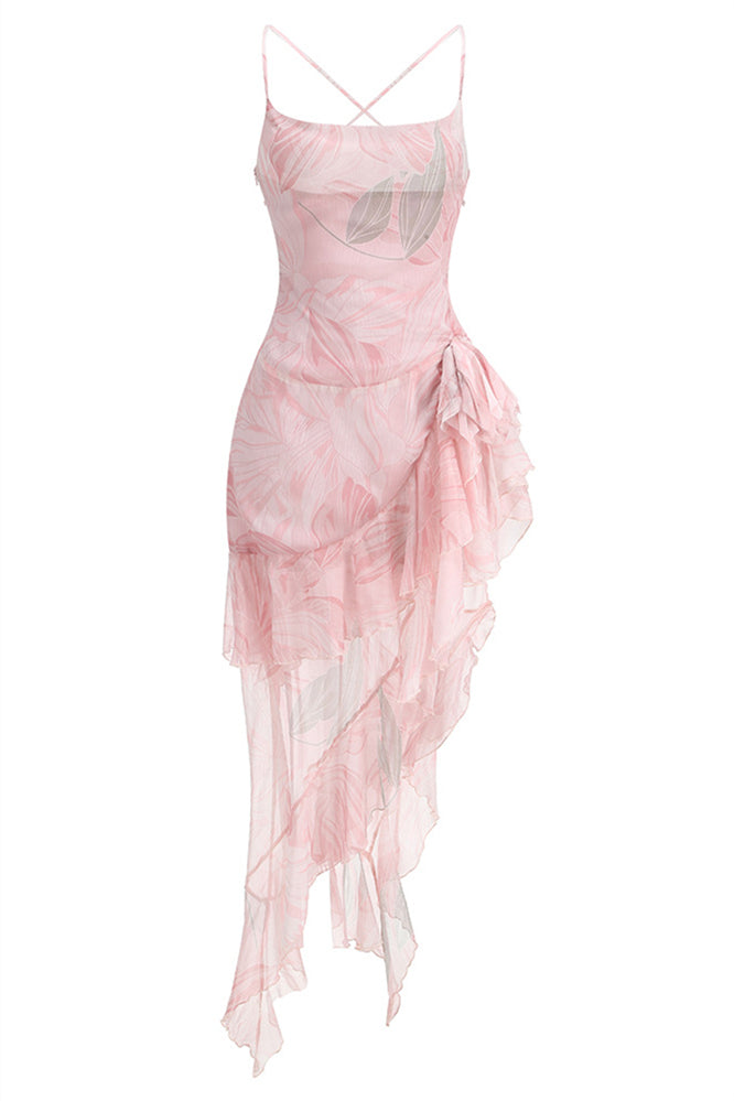 Pink Floral Print Ruffle Tiered Long Dress with Slit