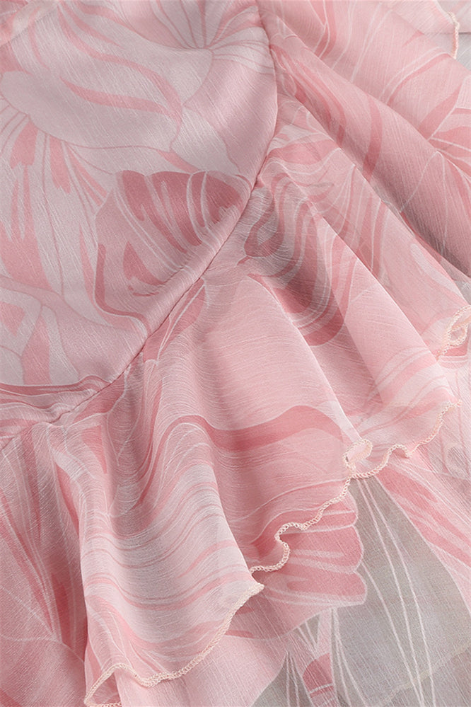 
                      
                        Pink Floral Print Ruffle Tiered Long Dress with Slit
                      
                    