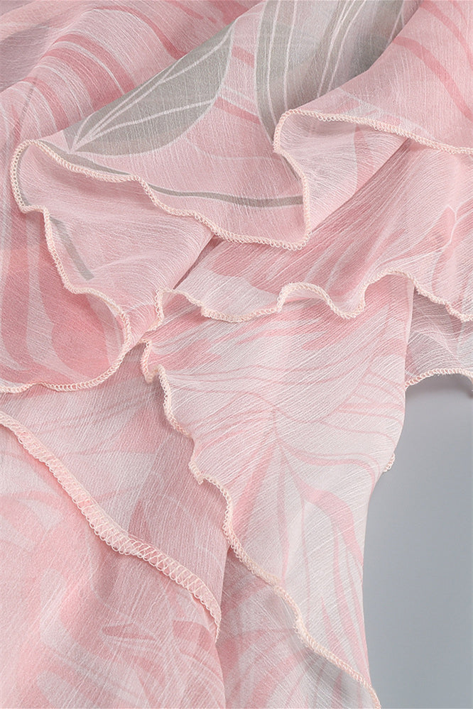 
                      
                        Pink Floral Print Ruffle Tiered Long Dress with Slit
                      
                    