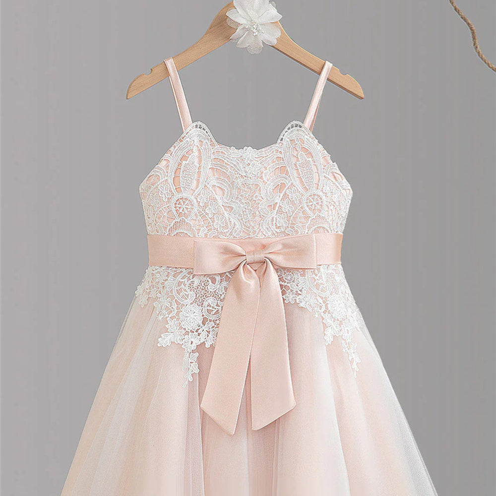 
                      
                        Pink Lace Appliques Flower Girl Dress with Bow
                      
                    