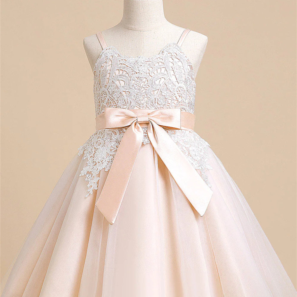 
                      
                        Pink Lace Appliques Flower Girl Dress with Bow
                      
                    