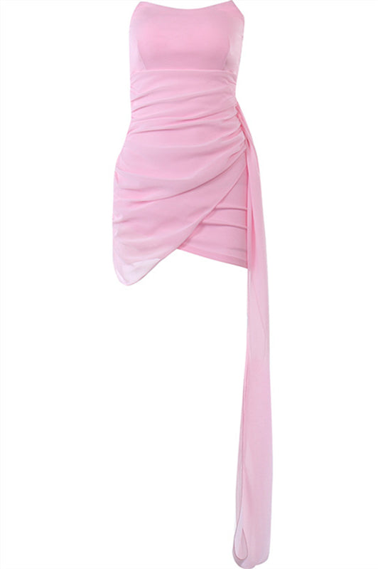 Pink Ruched Tight Short Dress with Ribbon