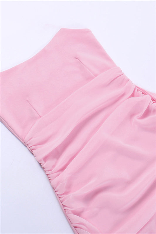 
                      
                        Pink Ruched Tight Short Dress with Ribbon
                      
                    