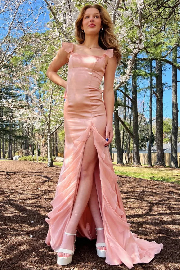 Pink Ruffle Hem Chiffon Long Dress with Slit