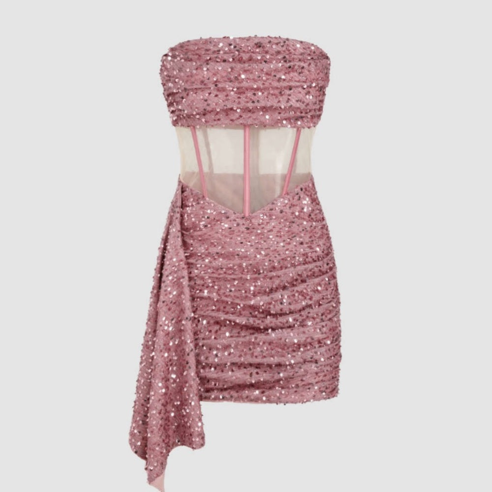 Pink Sequin Bodycon Short Dress with Shawl