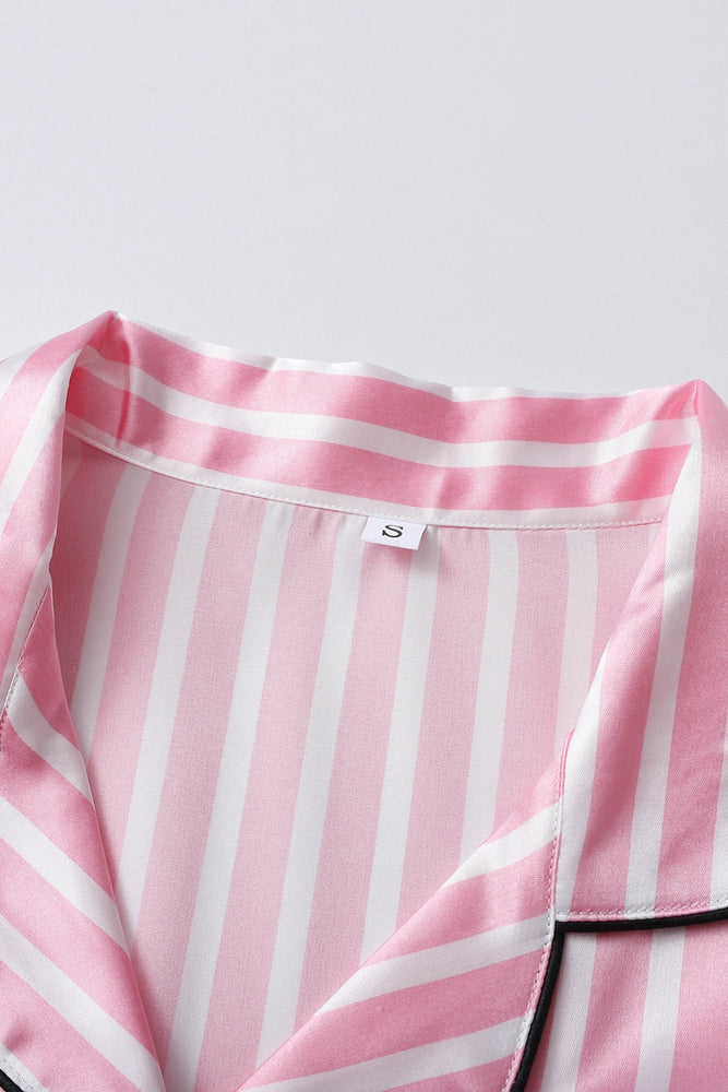 
                      
                        Pink Striped Ruffled Satin Short Pajama Set
                      
                    