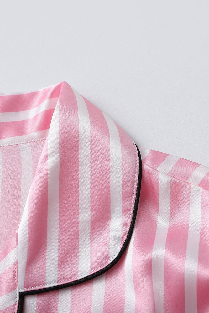 
                      
                        Pink Striped Ruffled Satin Short Pajama Set
                      
                    